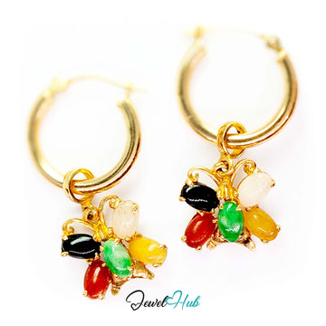 14K gold five colour jade hoop earrings, black red green yellow and white jade in a butterfly cluster - JewelHub