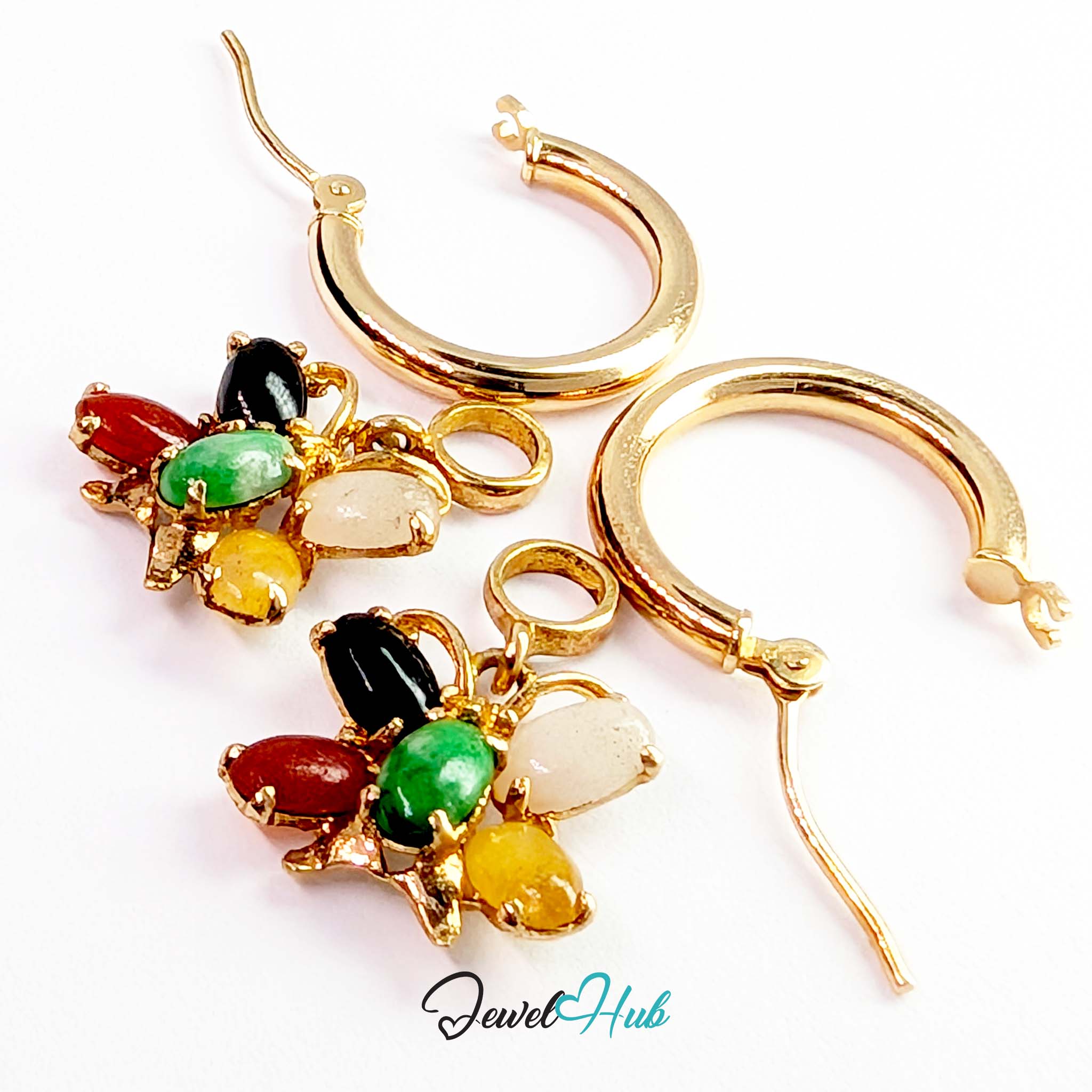 Plain 14k gold hoop with the five colour jade cluster hanging from its own ring - JewelHub