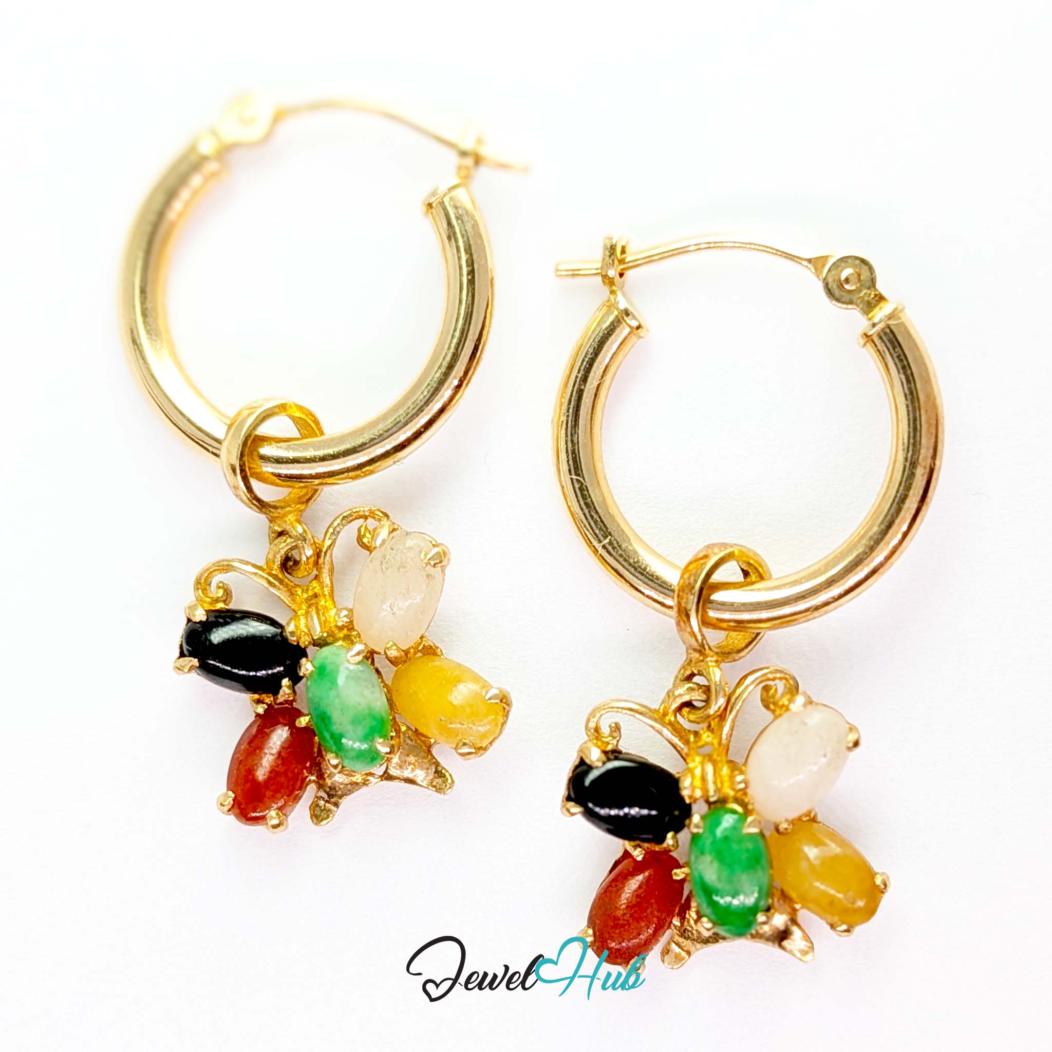 Cluster swinging freely from the gold hoop, giving the five colours their flicker - JewelHub