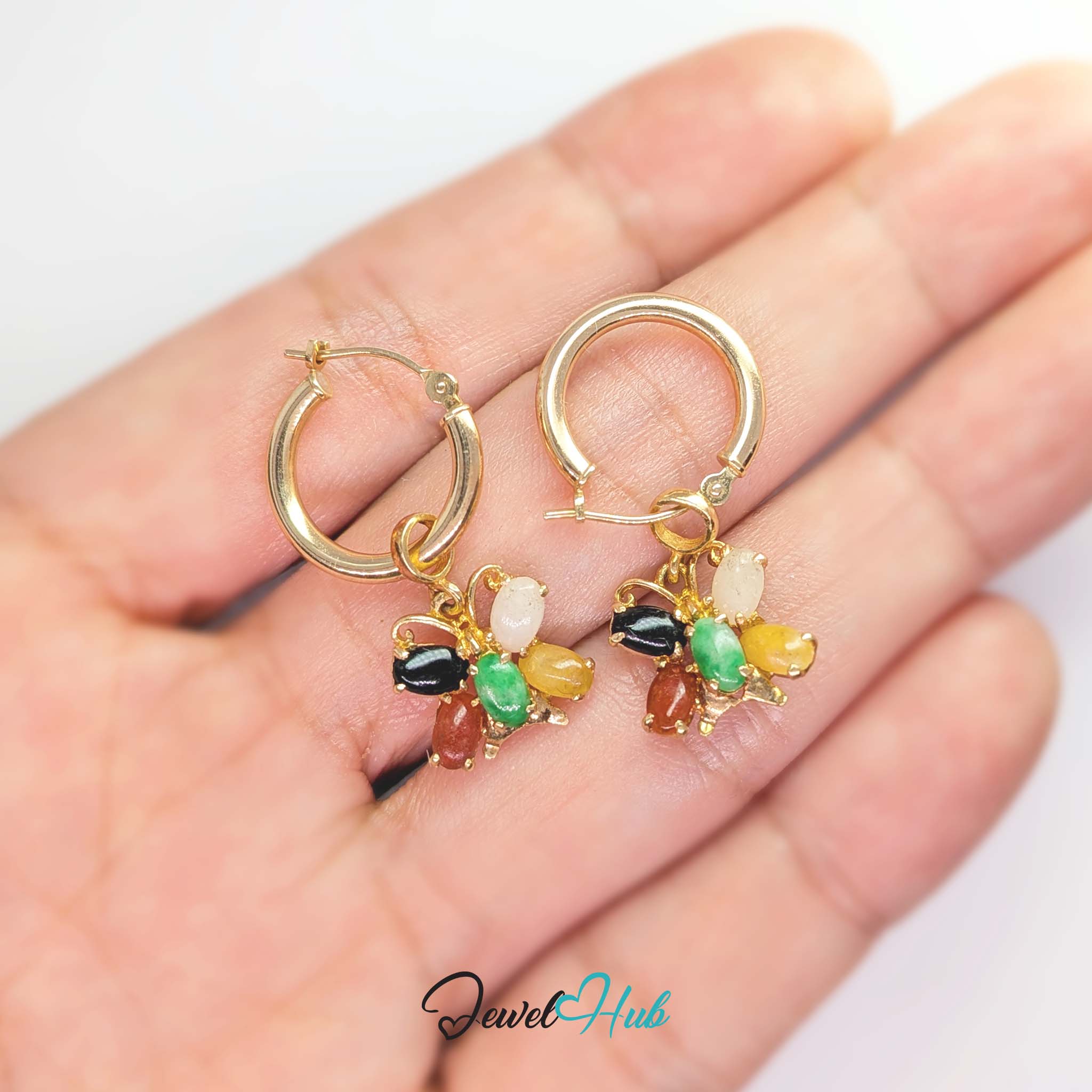14k gold five colour jade hoop earrings, 2.705 grams for the pair - JewelHub