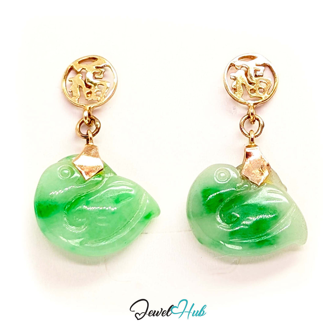 14K gold carved jade swan earrings, apple green jade birds beneath openwork fu blessing discs - JewelHub