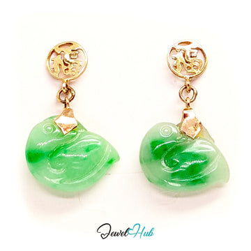 14K gold carved jade swan earrings, apple green jade birds beneath openwork fu blessing discs - JewelHub