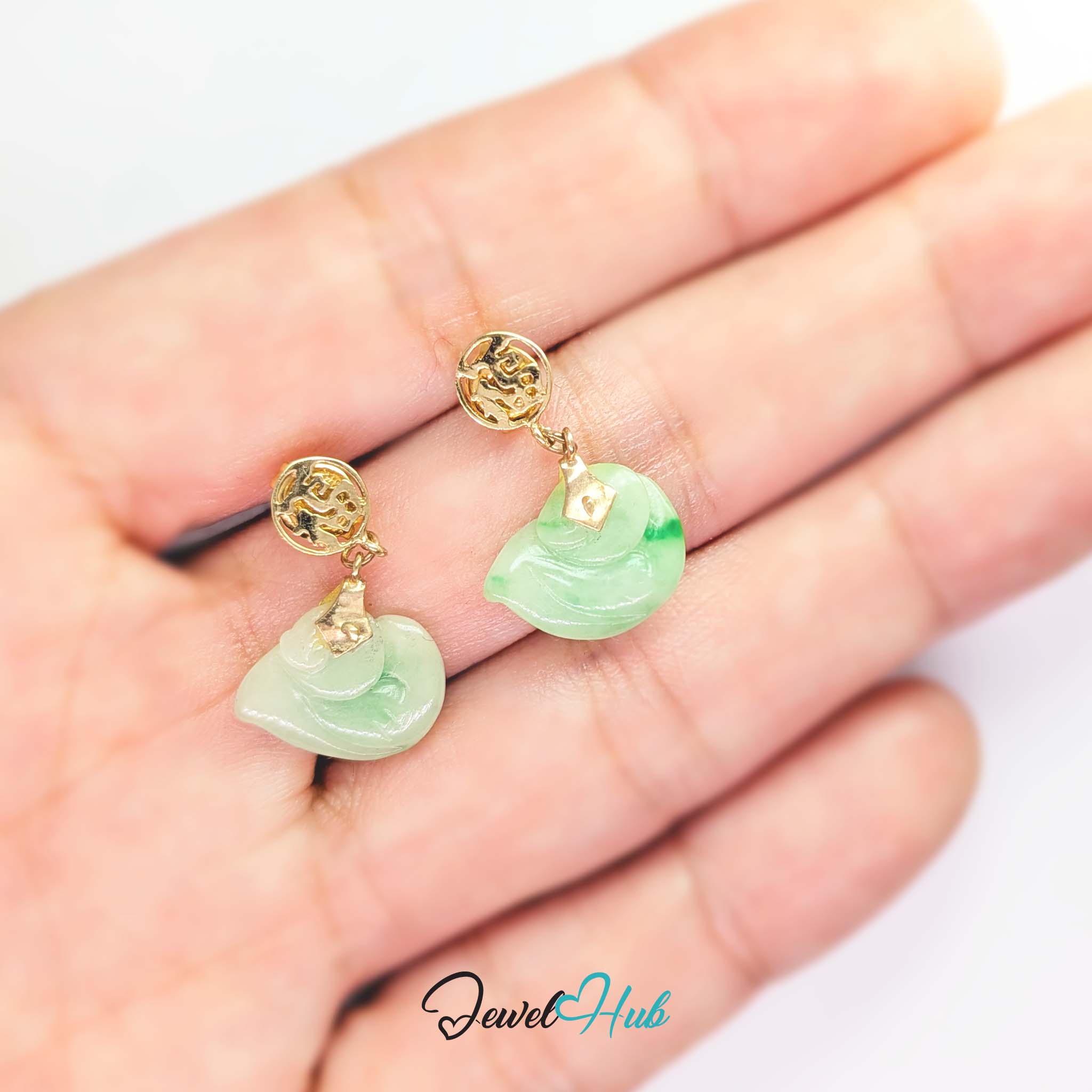 14k gold carved jade swan earrings with fu blessing discs, 2.25 grams the pair - JewelHub