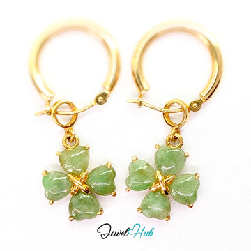 14K gold jade hoop earrings with a four heart clover charm in natural green jade - JewelHub
