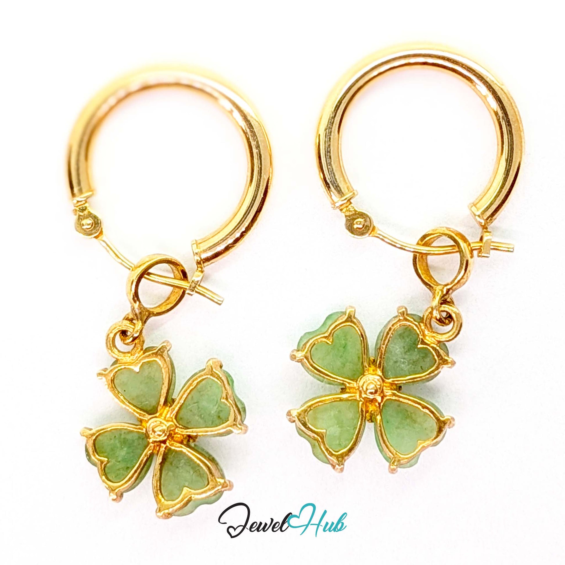 14k solid gold hoop with hanging four-heart jade clover, 3 grams for the pair - JewelHub