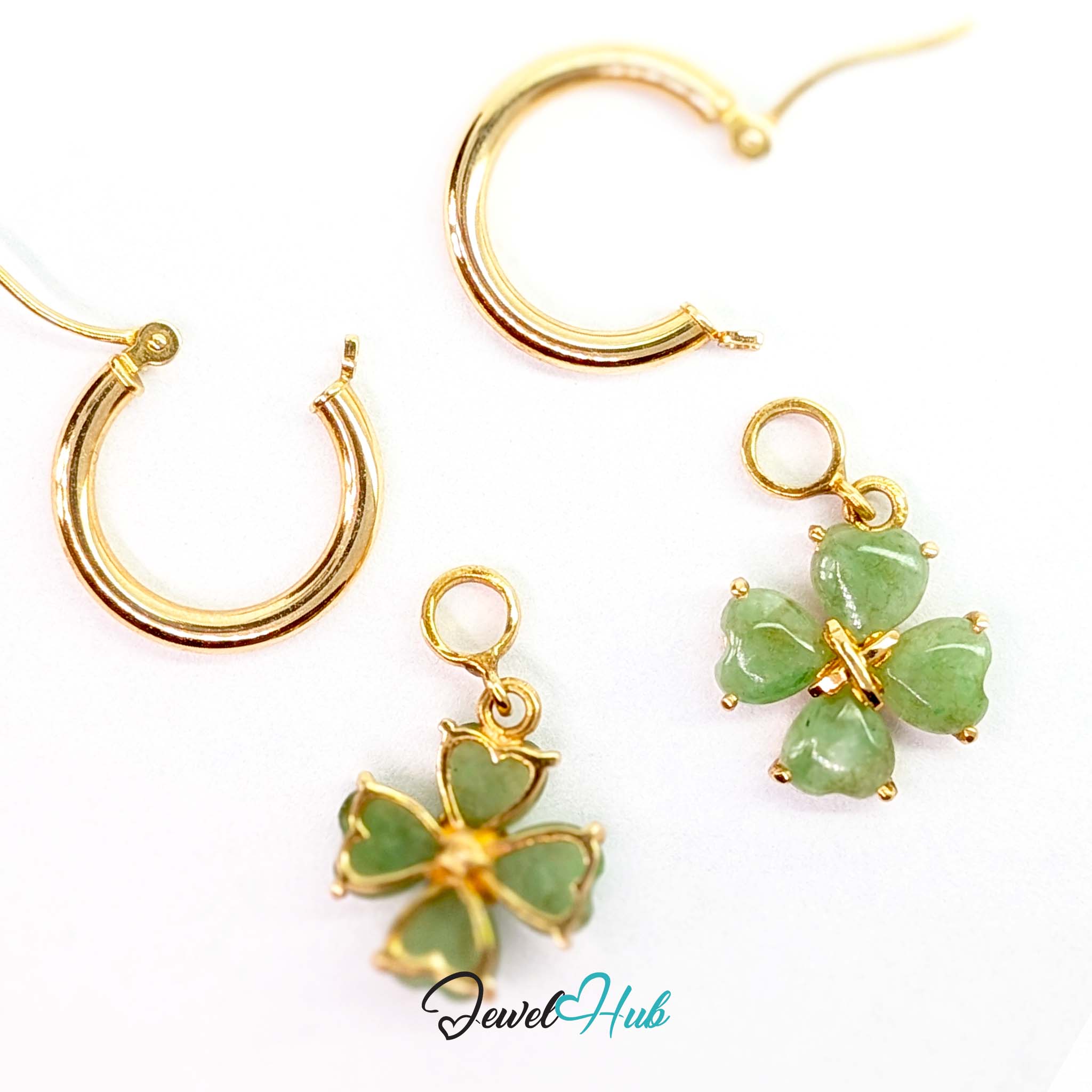 Hinged hoop with snap closure on the jade clover earrings - JewelHub