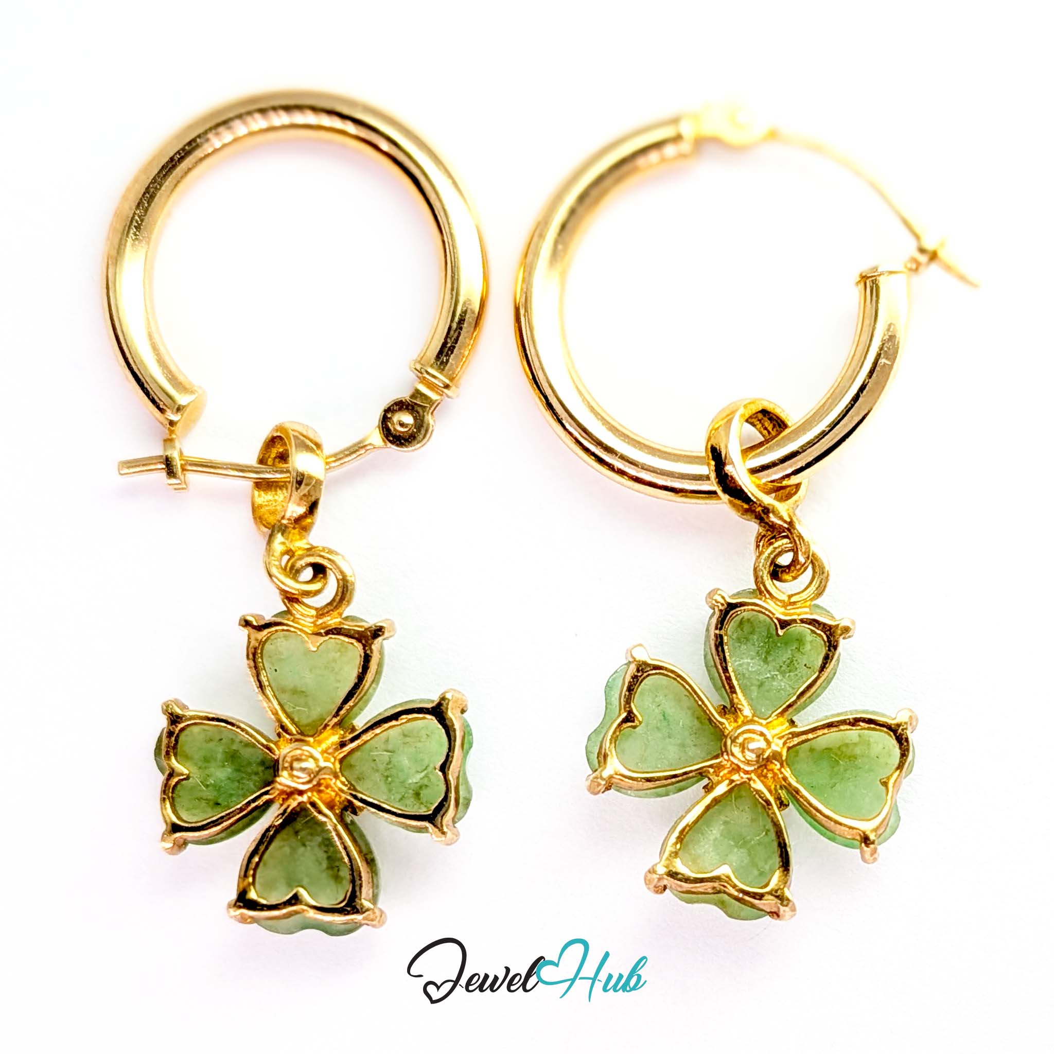 Jade clover charm hanging from its own ring below a plain polished gold hoop - JewelHub