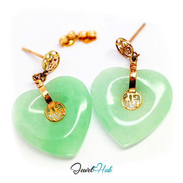 14K gold jade heart drop earrings, large apple green jade hearts on fu blessing plaques - JewelHub