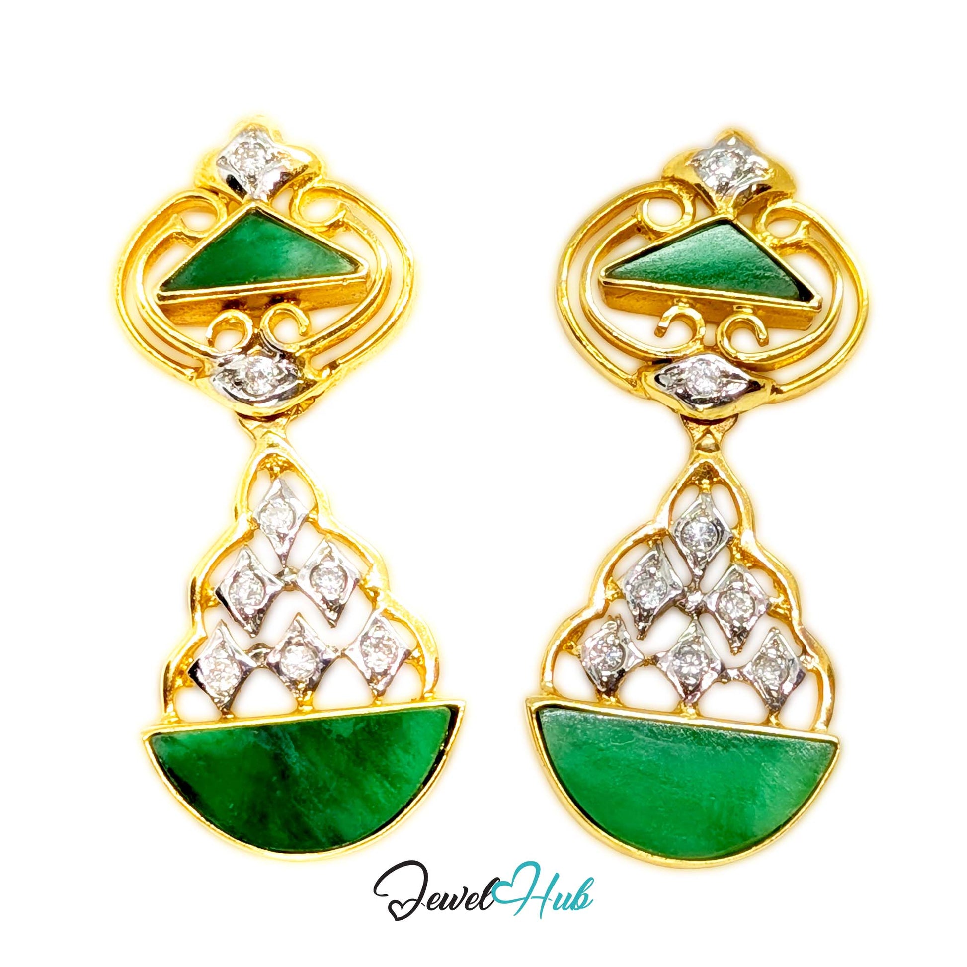 18K gold jade and diamond drop earrings, deep green triangle and half-moon jade with diamond lattice - JewelHub