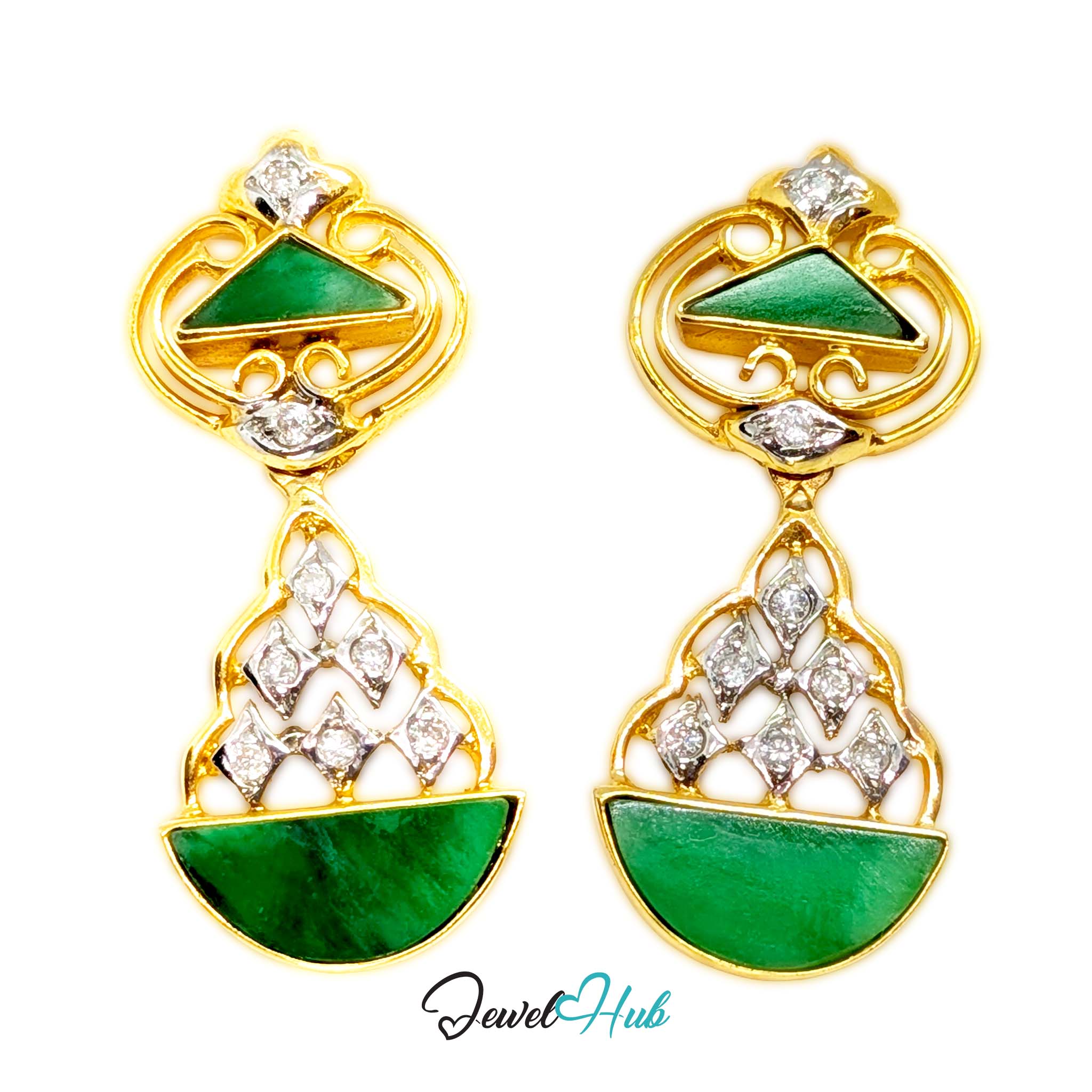 18K gold jade and diamond drop earrings, deep green triangle and half-moon jade with diamond lattice - JewelHub