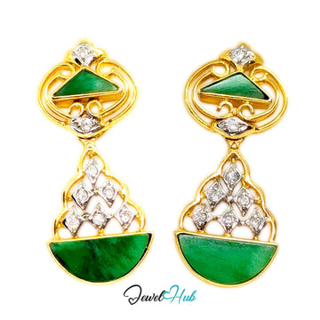 18K gold jade and diamond drop earrings, deep green triangle and half-moon jade with diamond lattice - JewelHub