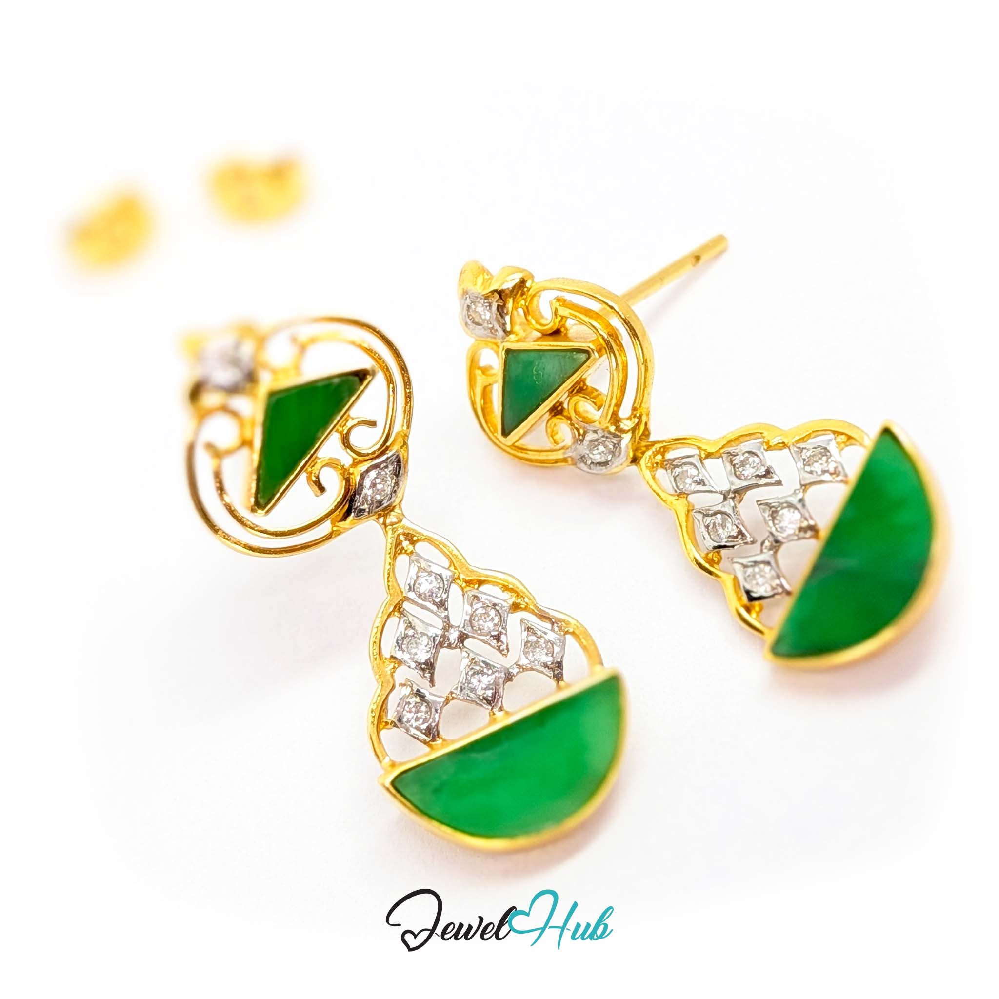 Triangle of jade inside gold scrollwork above a fan of diamonds in white gold collets - JewelHub
