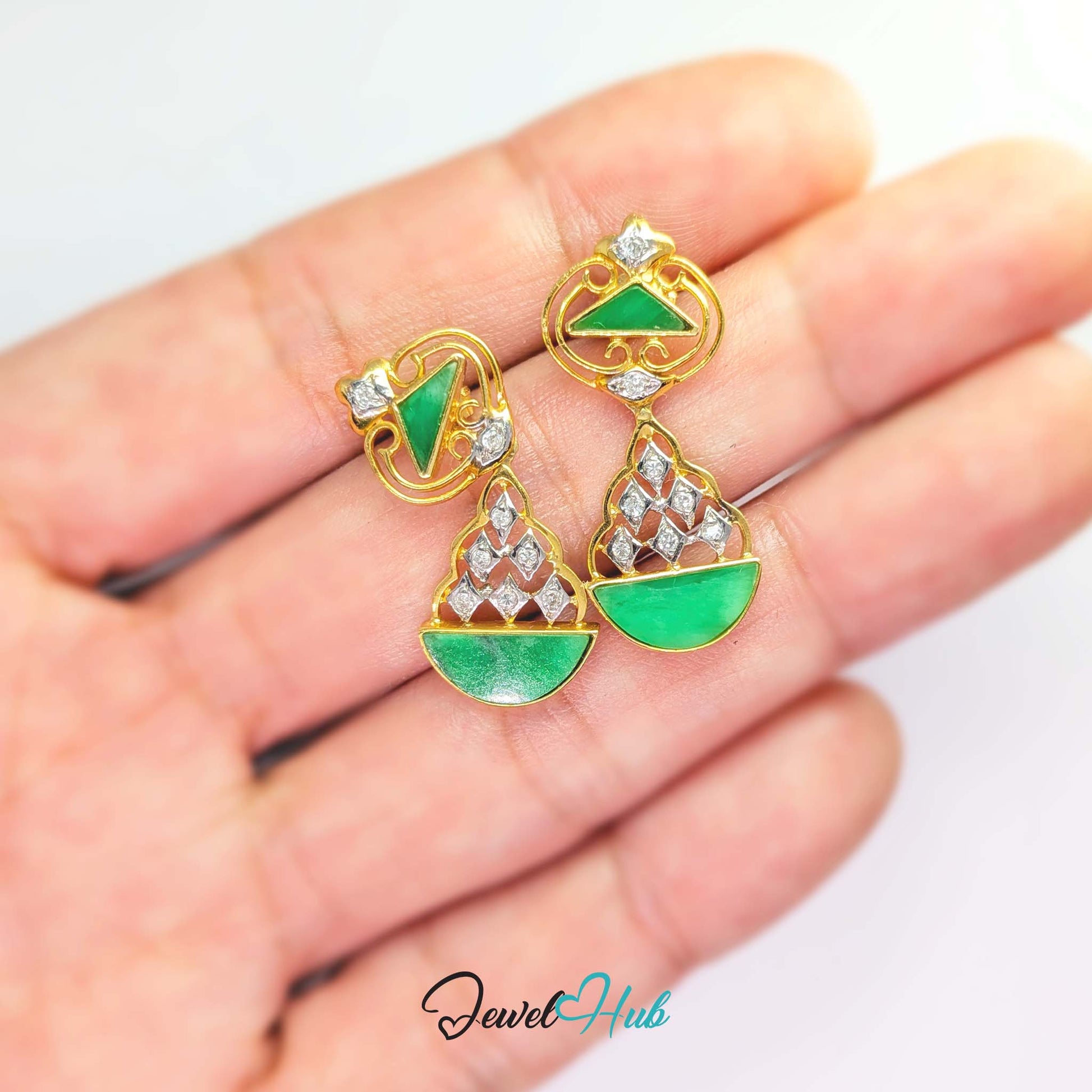 Half-moon of deep green jade, 11.7 x 5.5mm, bezel-set at the base of the drop - JewelHub