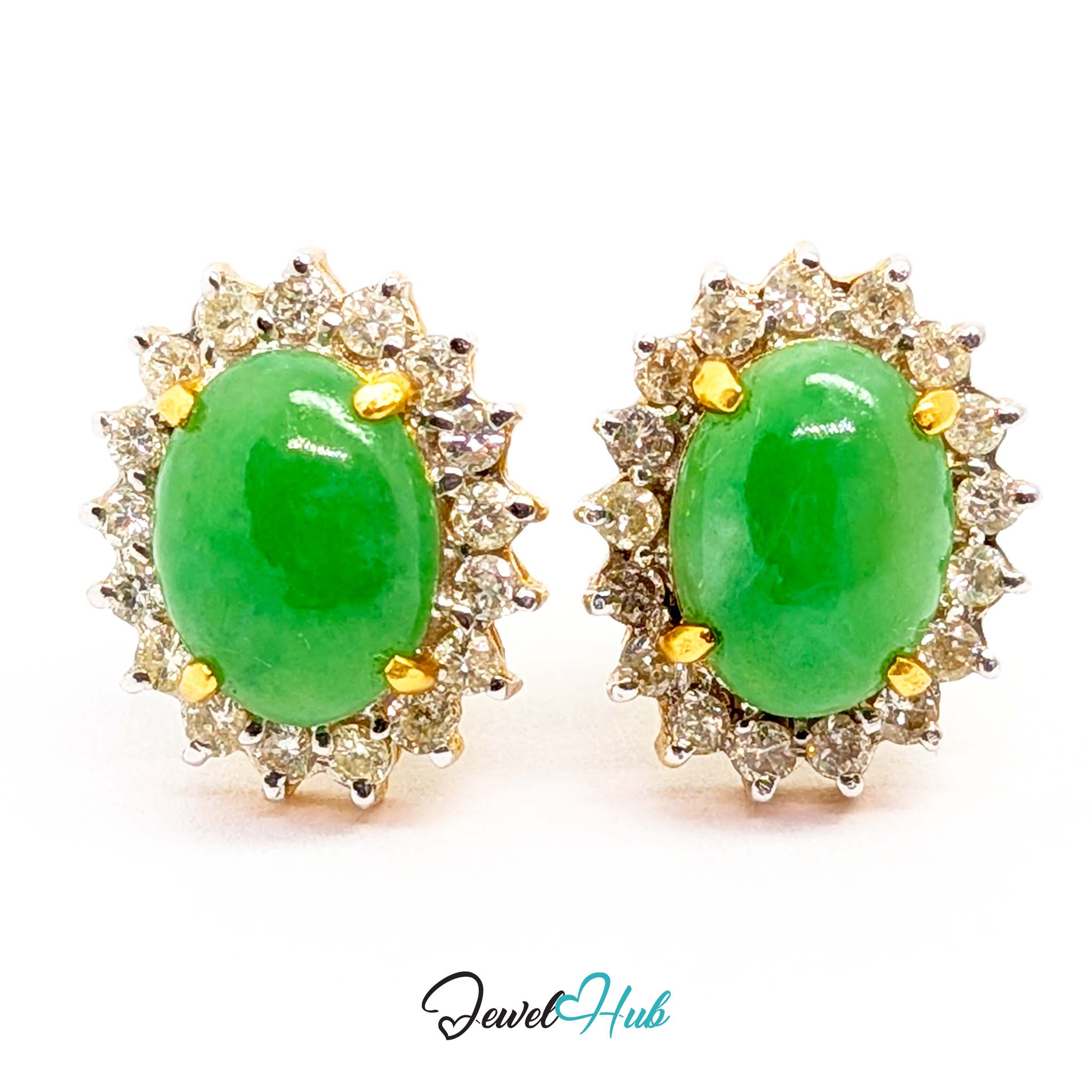 18K gold jade and diamond halo stud earrings, green jade cabochons ringed by 34 diamonds - JewelHub