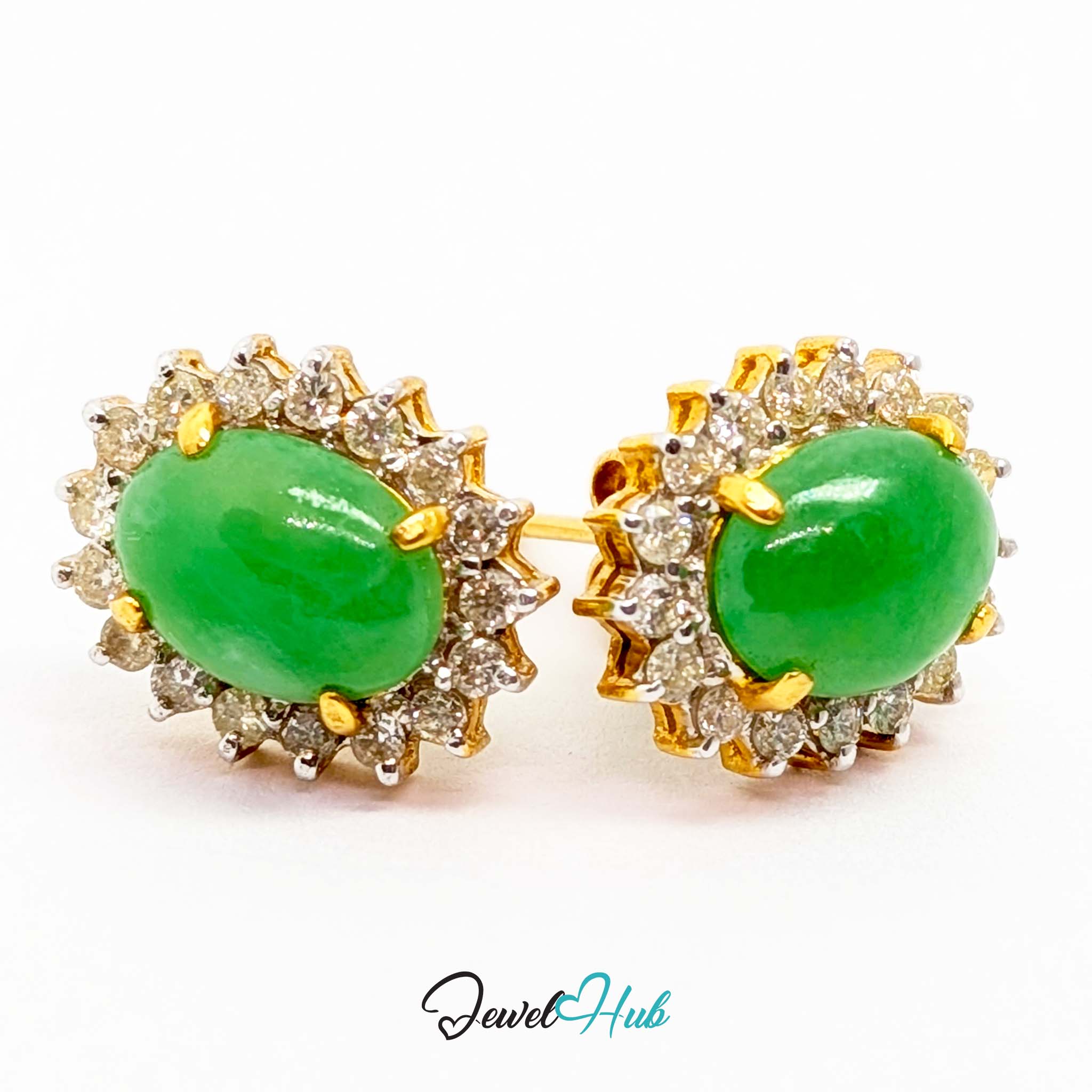 18k gold post fitting on the jade and diamond halo cluster studs - JewelHub