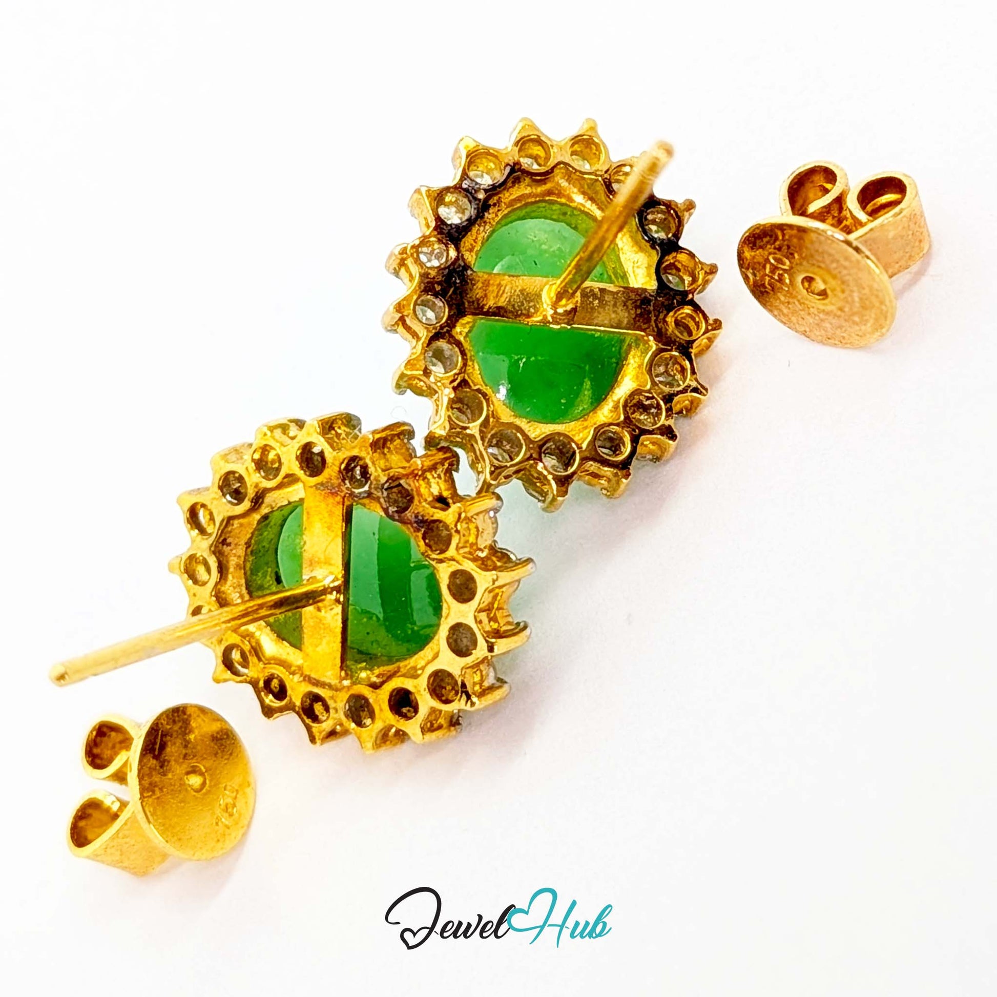 Pair of jade and diamond halo studs shown together, 5.56 grams for the two - JewelHub
