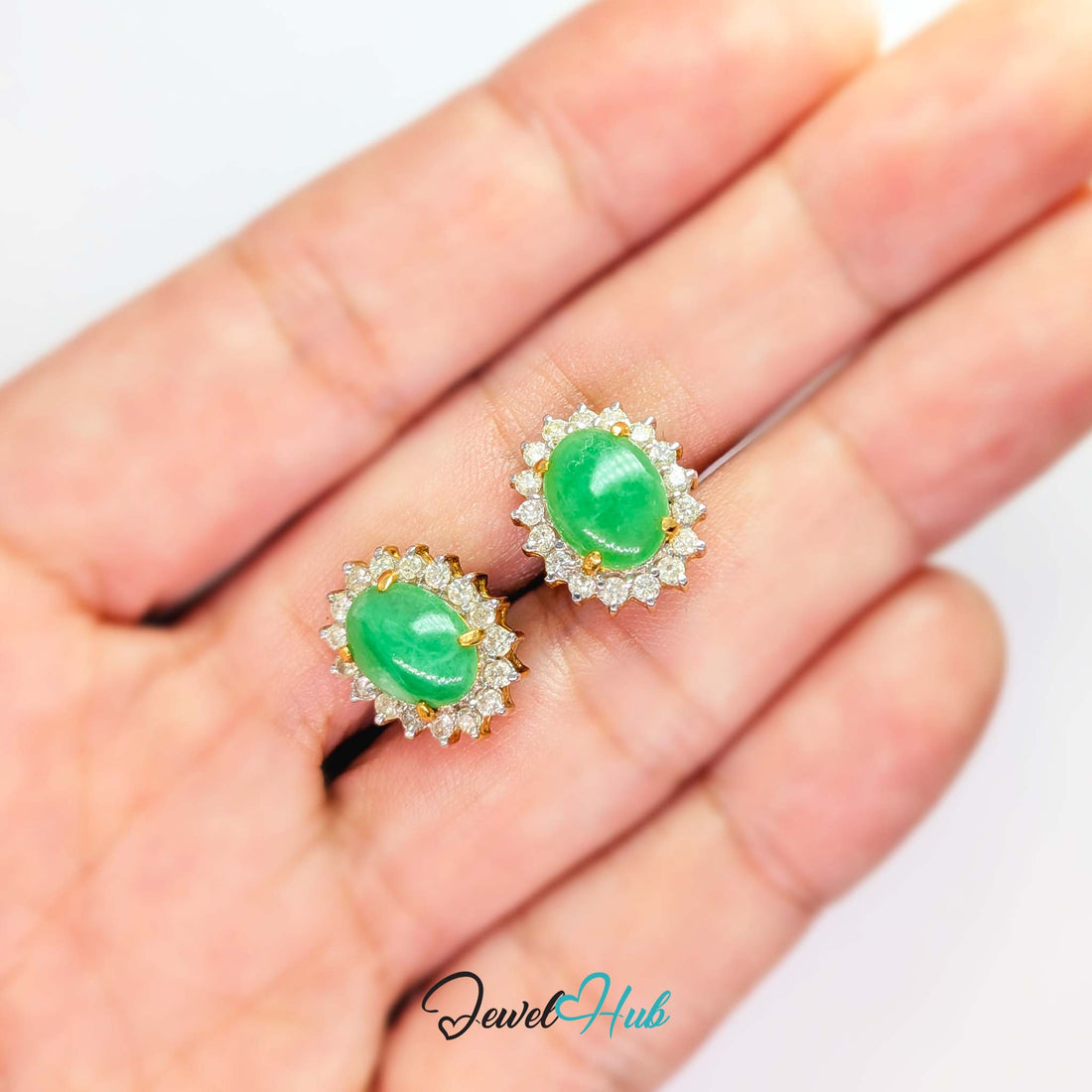 18K gold jade and diamond halo stud earrings, green jade cabochons ringed by 34 diamonds - JewelHub