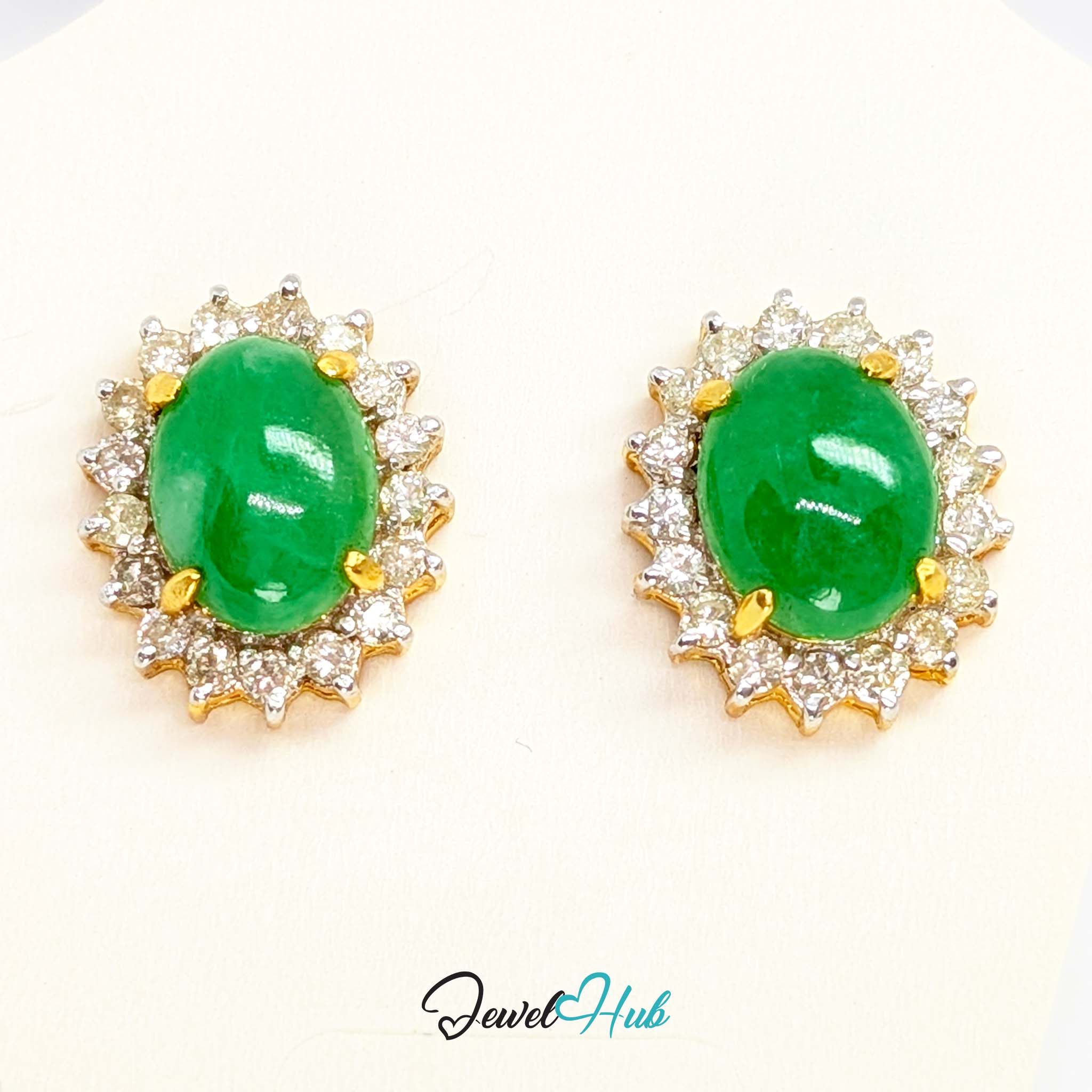 18k gold jade and diamond cluster earrings, 0.72ct of diamonds, hallmarked 750 - JewelHub