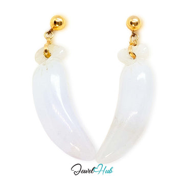 14K gold white jade earrings, long carved lucky fruit drops on polished gold ball studs - JewelHub