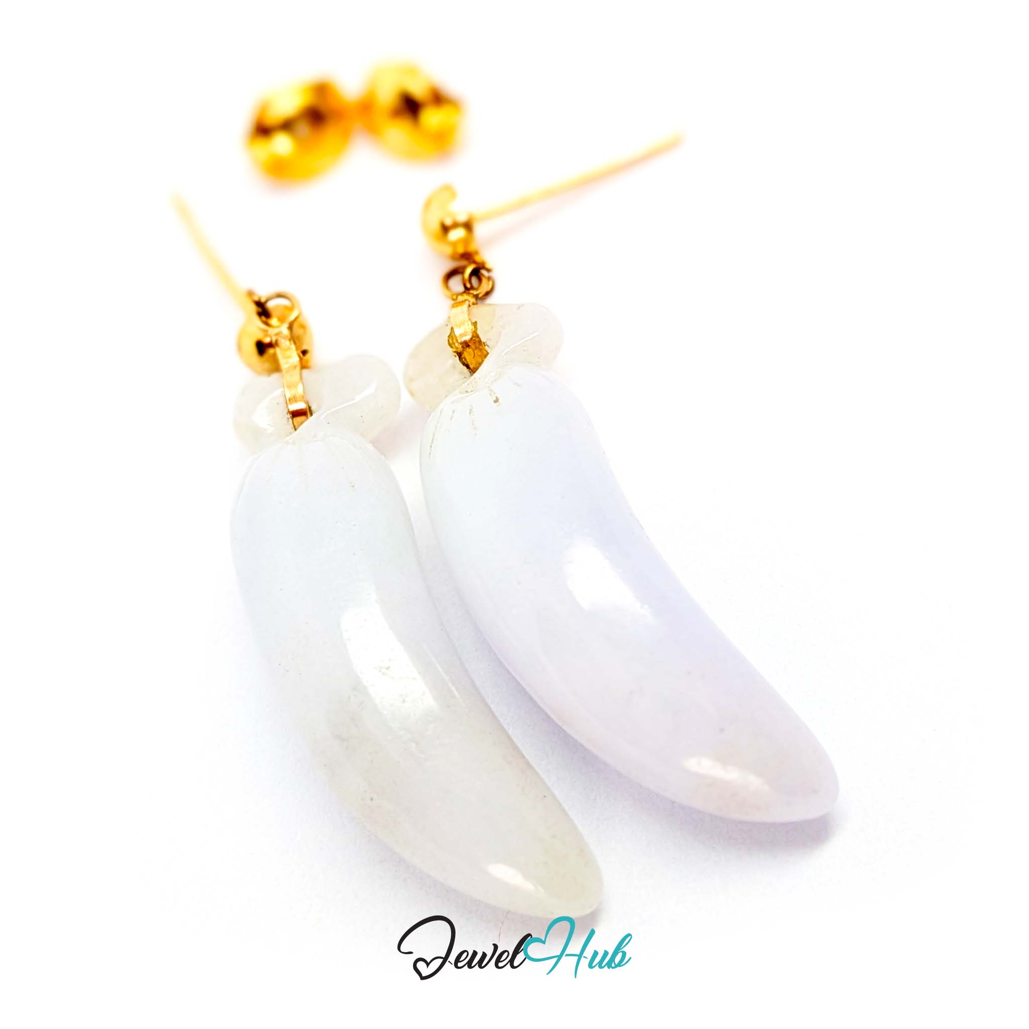 Plain polished 14k gold ball stud above the hanging carved jade drop - JewelHub