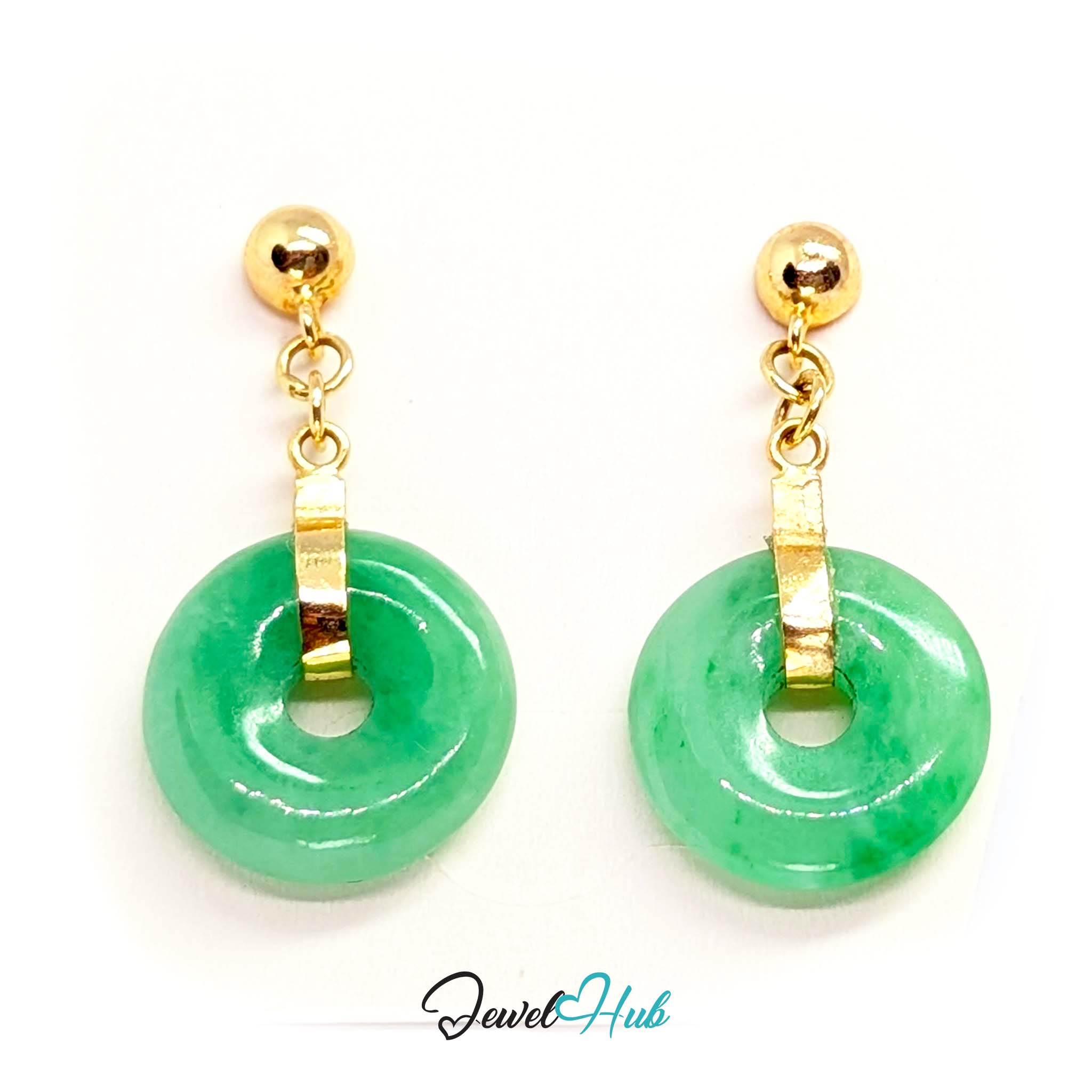 14K gold jade bi disc drop earrings, 12mm pierced green jade circles on plain gold bars - JewelHub