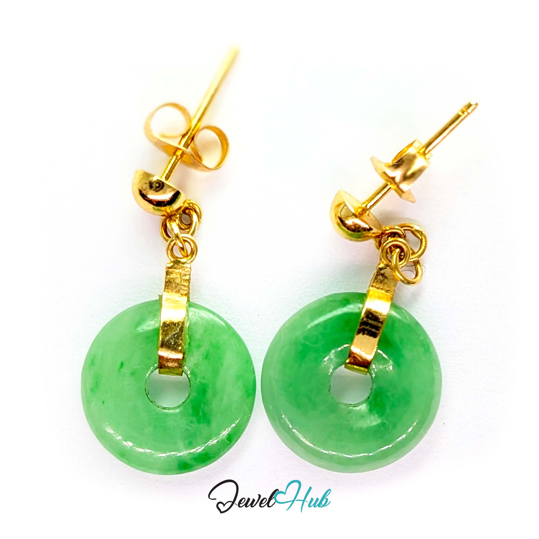 Small polished gold ball at the lobe with the jade disc hanging below - JewelHub