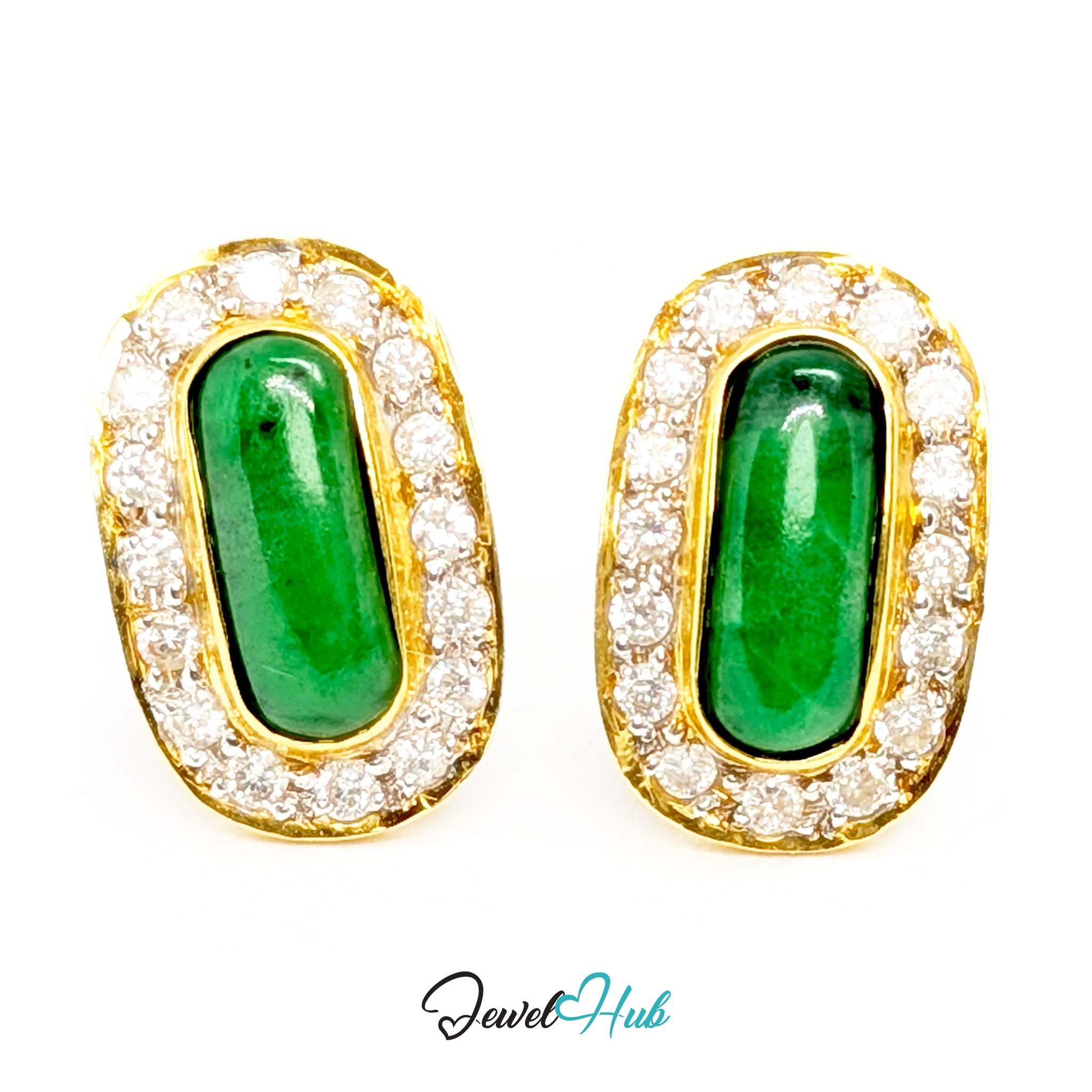 18K gold jade and diamond earrings, deep green capsule cabochons in a full pave diamond surround - JewelHub