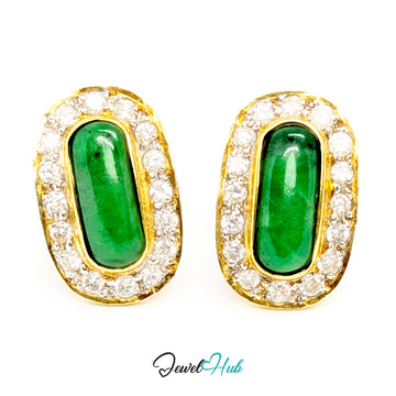 18K gold jade and diamond earrings, deep green capsule cabochons in a full pave diamond surround - JewelHub