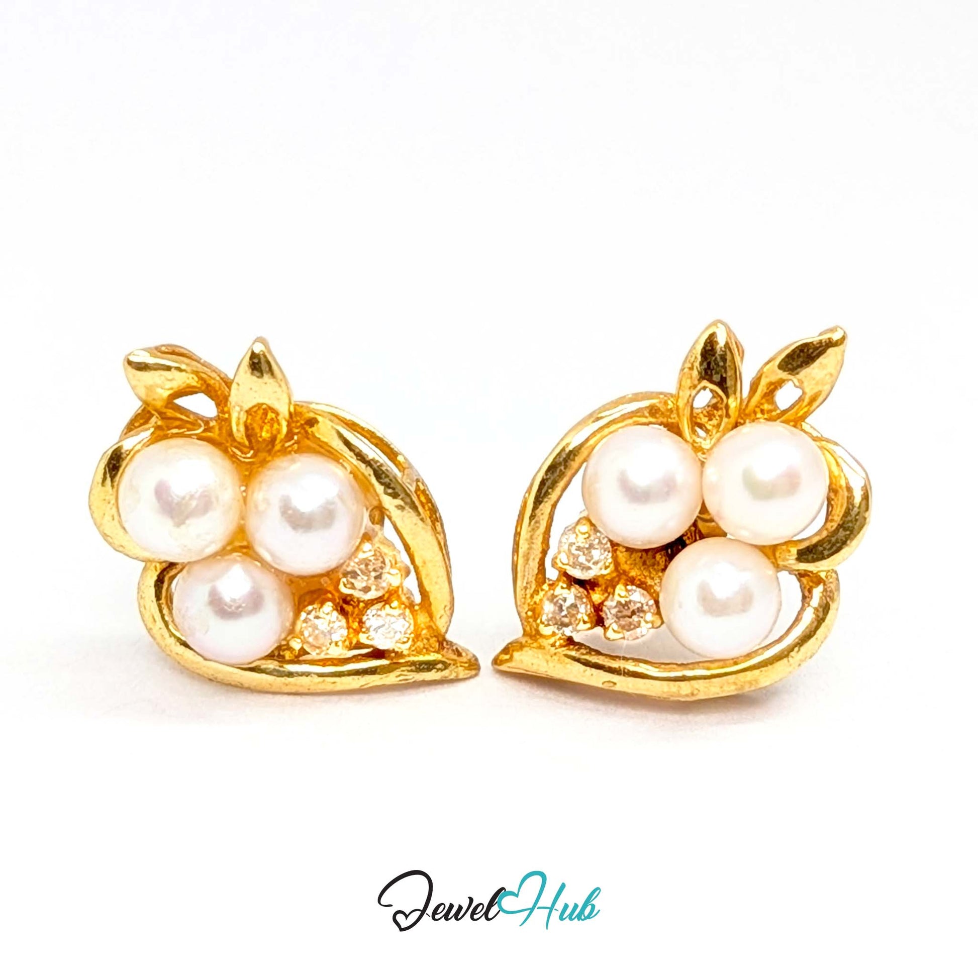 14K gold pearl and diamond cluster earrings, three round cultured pearls in a curled gold bud - JewelHub