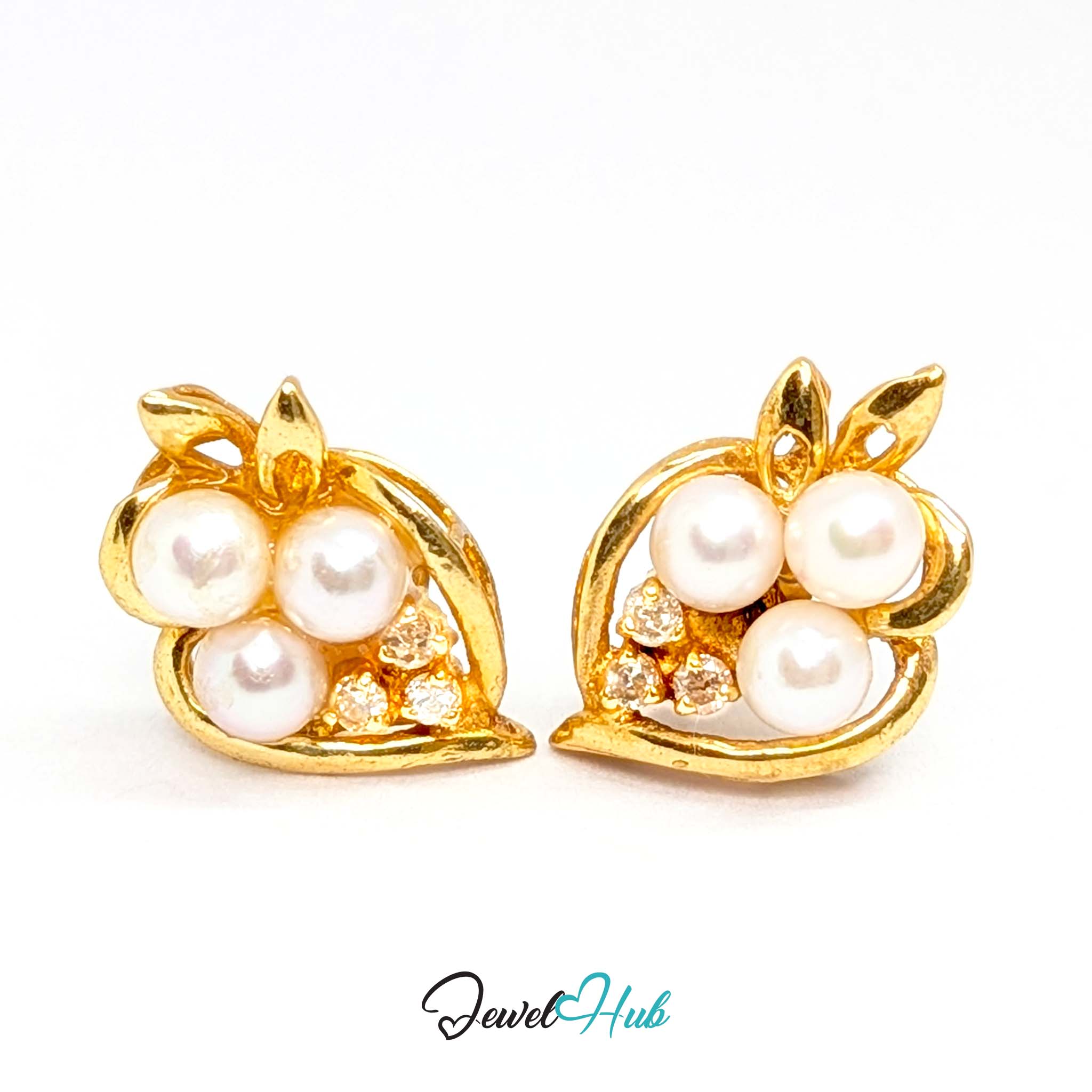 14K gold pearl and diamond cluster earrings, three round cultured pearls in a curled gold bud - JewelHub