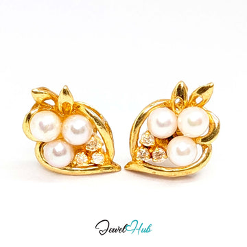 14K gold pearl and diamond cluster earrings, three round cultured pearls in a curled gold bud - JewelHub