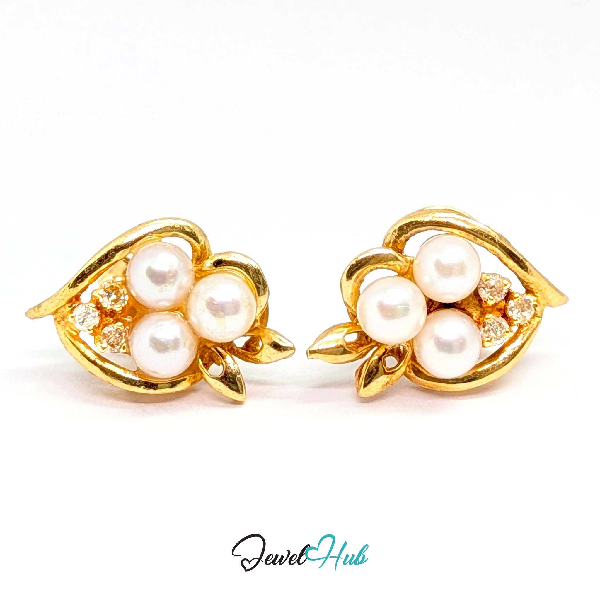Three cultured pearls, about 3.5mm each, gathered inside a curl of 14k gold - JewelHub