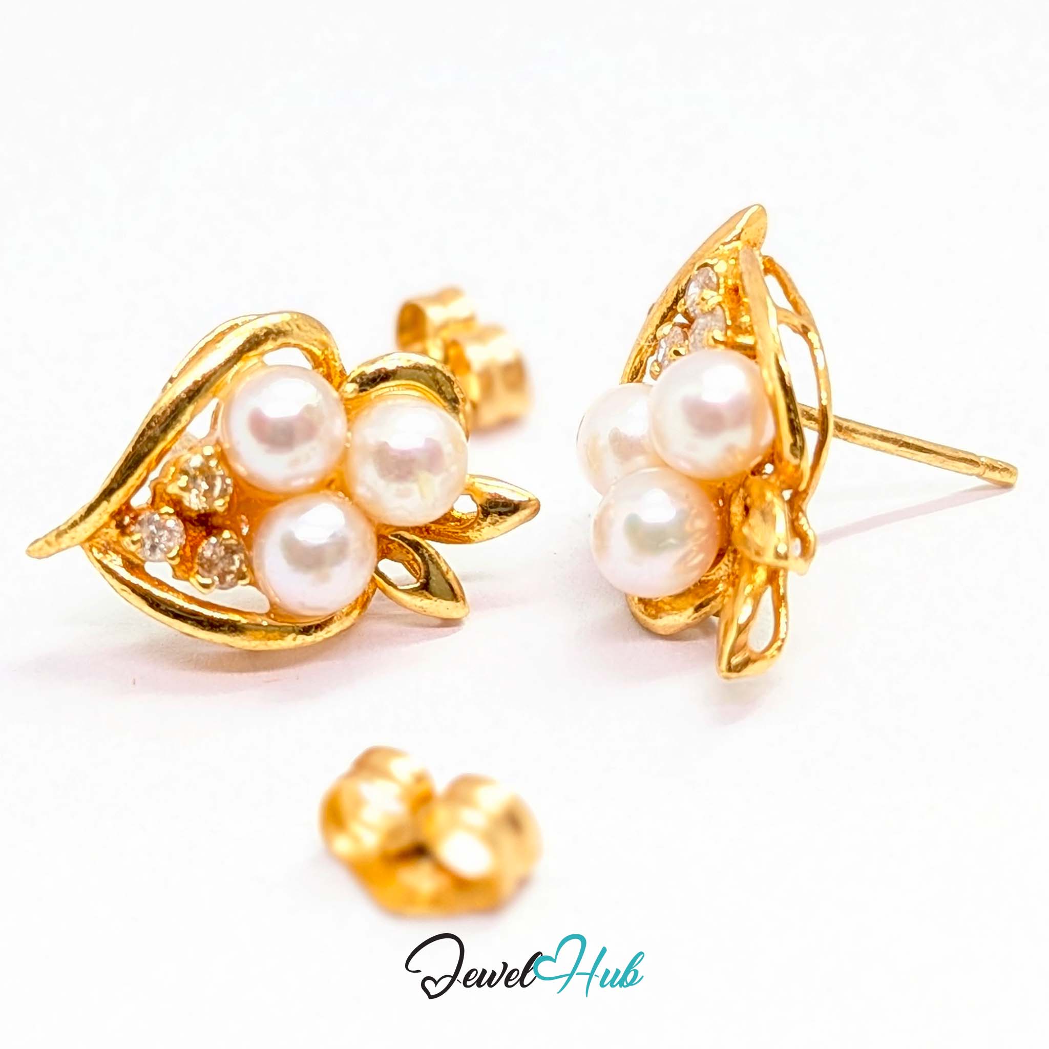 14k gold post and butterfly back on the pearl and diamond cluster studs - JewelHub