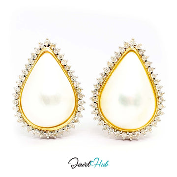14K gold mabe pearl and diamond earrings, pear-shaped cream pearls in a full diamond halo - JewelHub