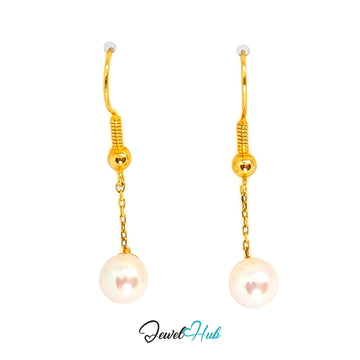 14K gold pearl drop earrings, a single 7mm round pearl on a fine gold trace chain - JewelHub