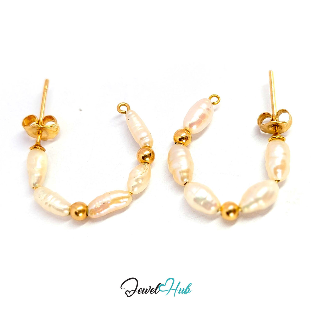 Four small gold-plated beads spacing the pearls along the curve - JewelHub