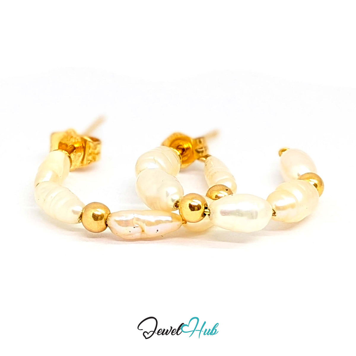Ten freshwater rice pearls curved in a crescent along the lobe with gold-plated accent beads - JewelHub