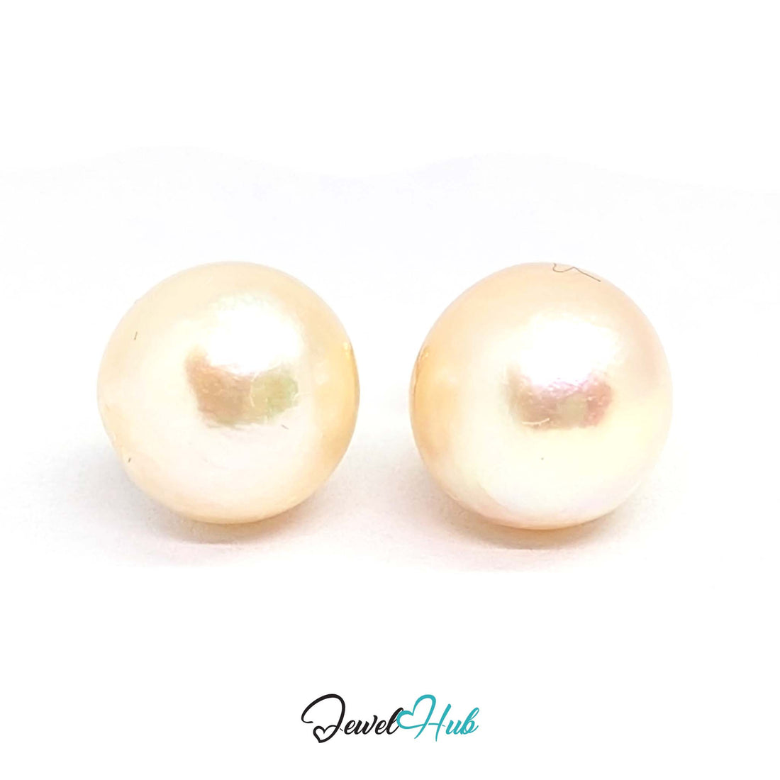 14K gold blush pearl stud earrings, 9mm round freshwater pearls on plain gold posts - JewelHub