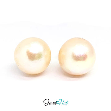 14K gold blush pearl stud earrings, 9mm round freshwater pearls on plain gold posts - JewelHub