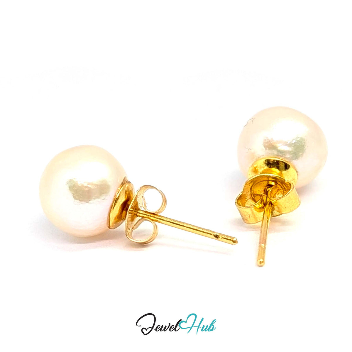Round cultured freshwater pearl, 9mm, set on a simple 14k gold cup and post - JewelHub