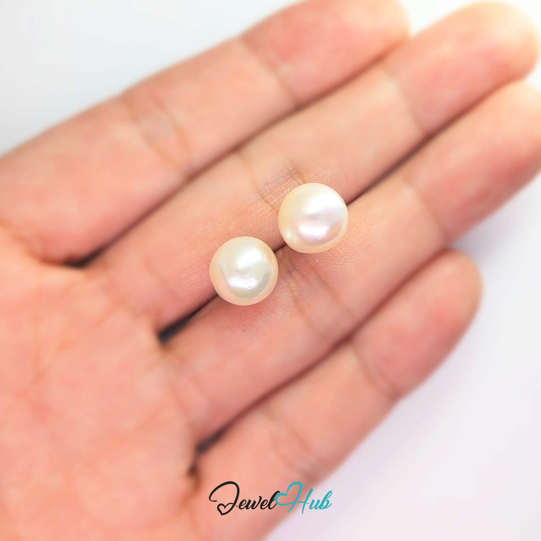 14K gold blush pearl stud earrings, 9mm round freshwater pearls on plain gold posts - JewelHub