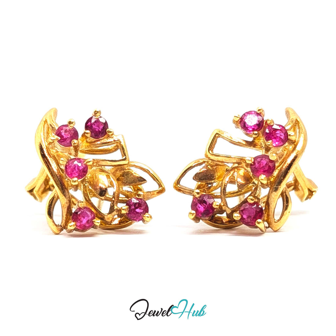 14K gold ruby cluster earrings, ten round rubies scattered through an openwork gold spray - JewelHub