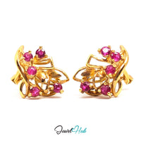 14K Gold Ruby Cluster Earrings - 10 Rubies 1.