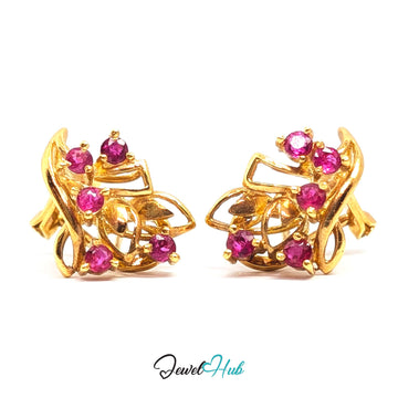 14K gold ruby cluster earrings, ten round rubies scattered through an openwork gold spray - JewelHub