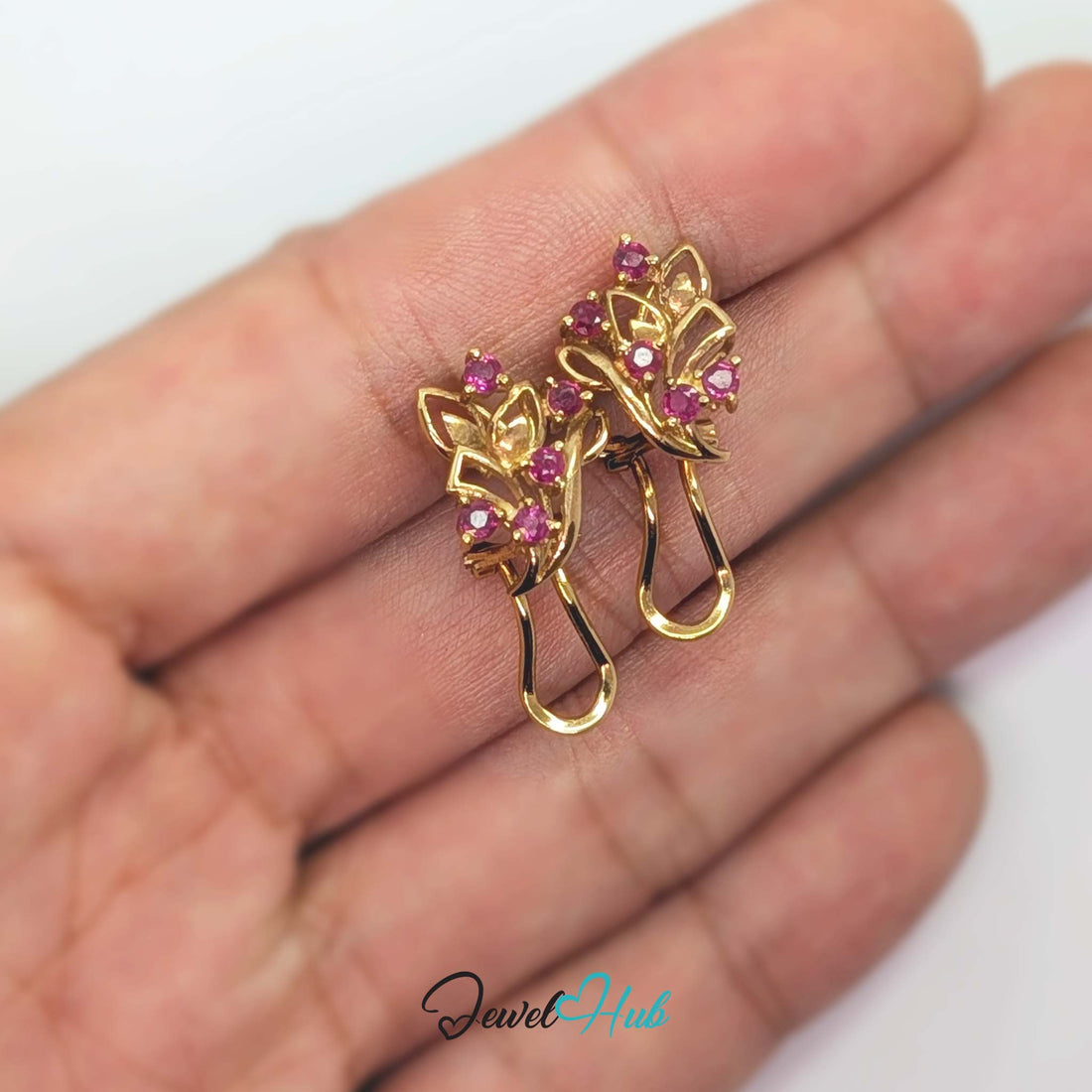 14K gold ruby cluster earrings, ten round rubies scattered through an openwork gold spray - JewelHub