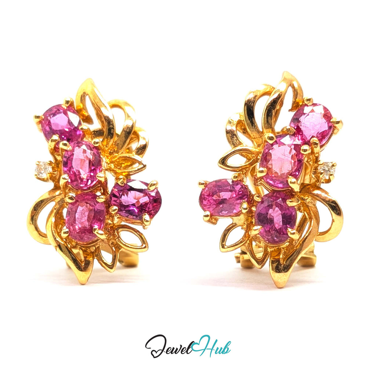 14K gold pink sapphire cluster earrings, eight faceted ovals in a gold leaf spray - JewelHub