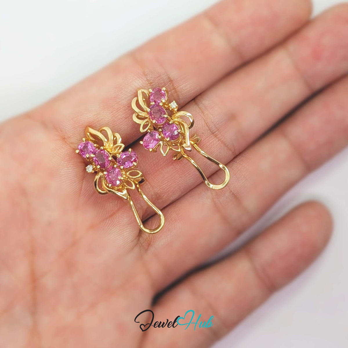 Pink sapphire and diamond earrings in solid 14k yellow gold - JewelHub
