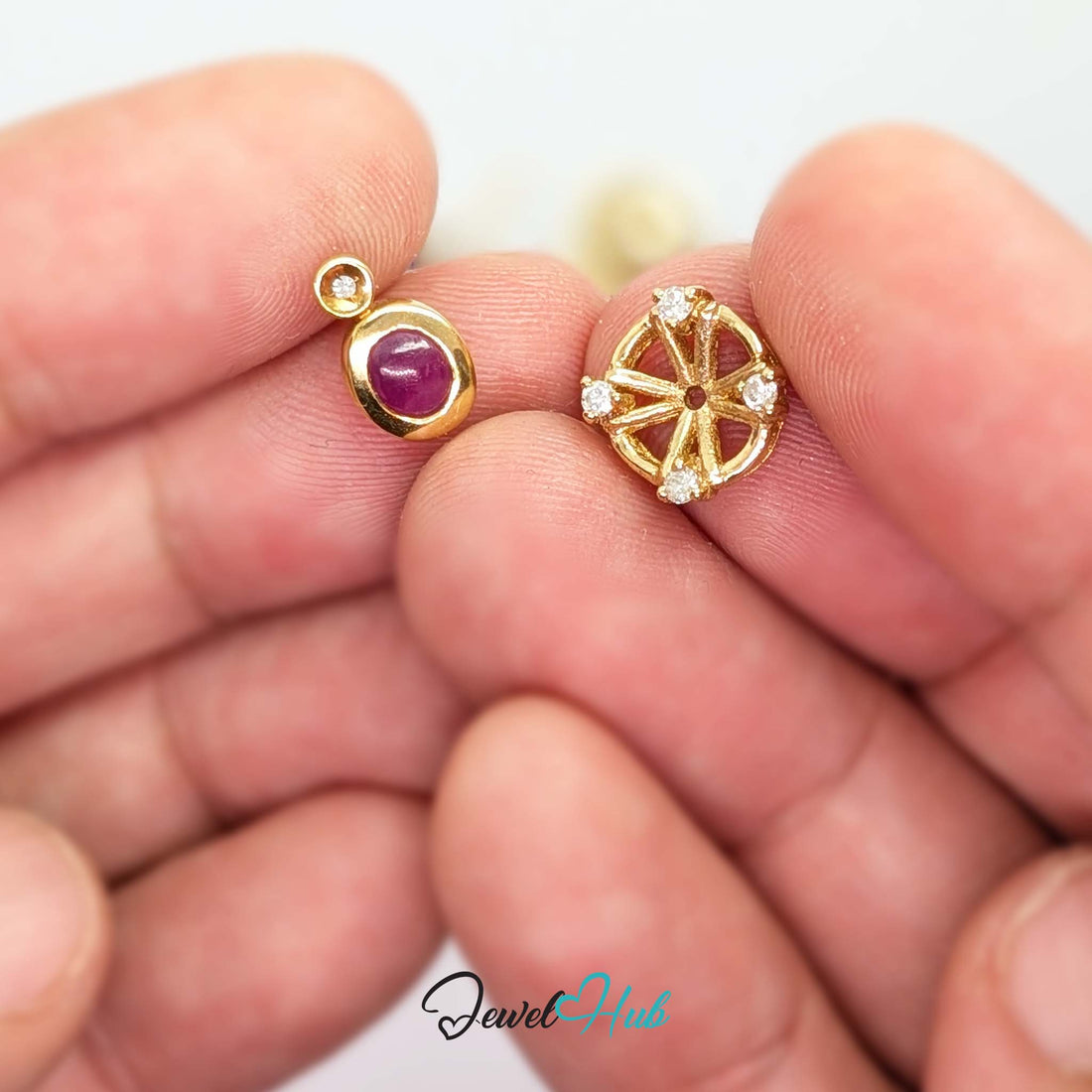 14K gold convertible ruby cabochon and diamond earrings, hallmarked 585 - JewelHub