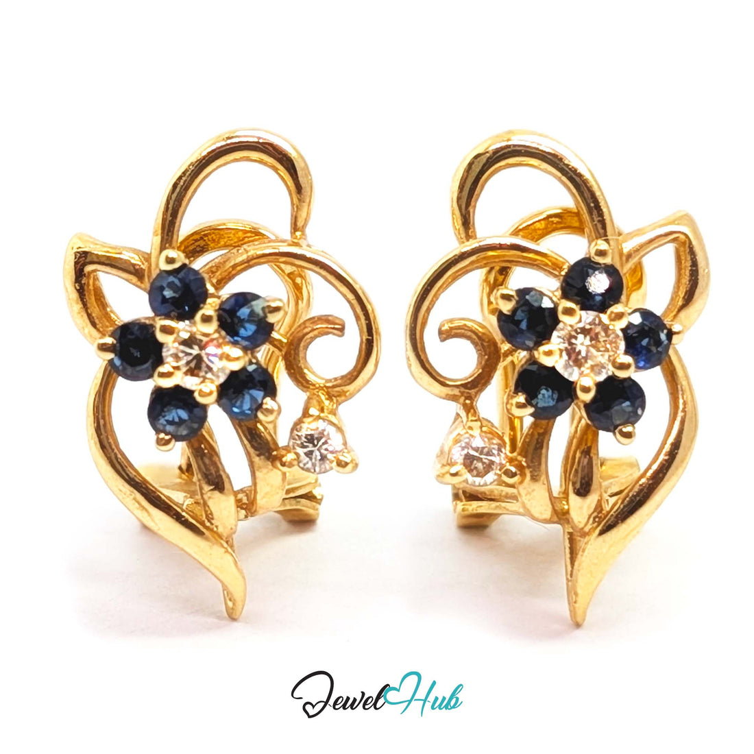 14K gold sapphire and diamond flower earrings, five blue sapphires around a central diamond - JewelHub