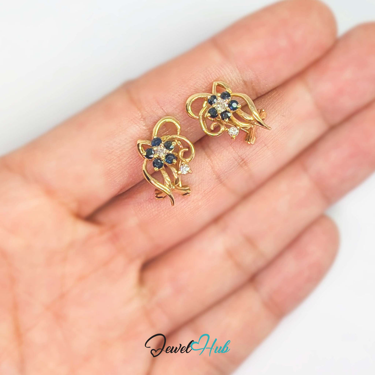 14k gold sapphire and diamond flower earrings, 3.55 grams for the pair - JewelHub